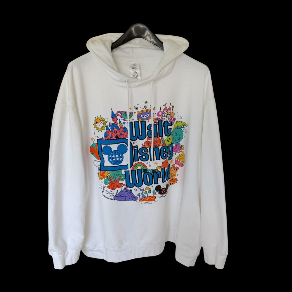Disney World White Hoodie Sweatshirt Womens 3XL Colorful Park Icons